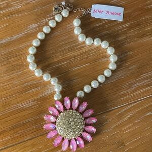 Betsey Johnson Pearl and Pink Floral Necklace